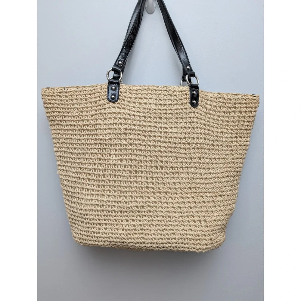 Nine West Open-Weave Crochet Straw Tote Bag w/Faux Patent Leather & Attached Bag